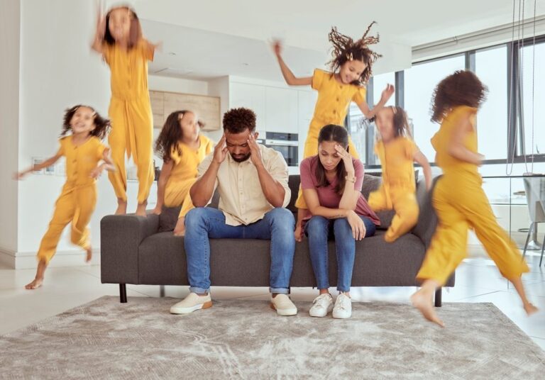 Compassionate, Evidence-Based Support for ADHD. Mom, dad and stress with child chaos or headache from burnout, hyperactivity, and a girl running for adhd energy. Frustrated, parents are tired with kid jumping and a crisis of mental health in the house.